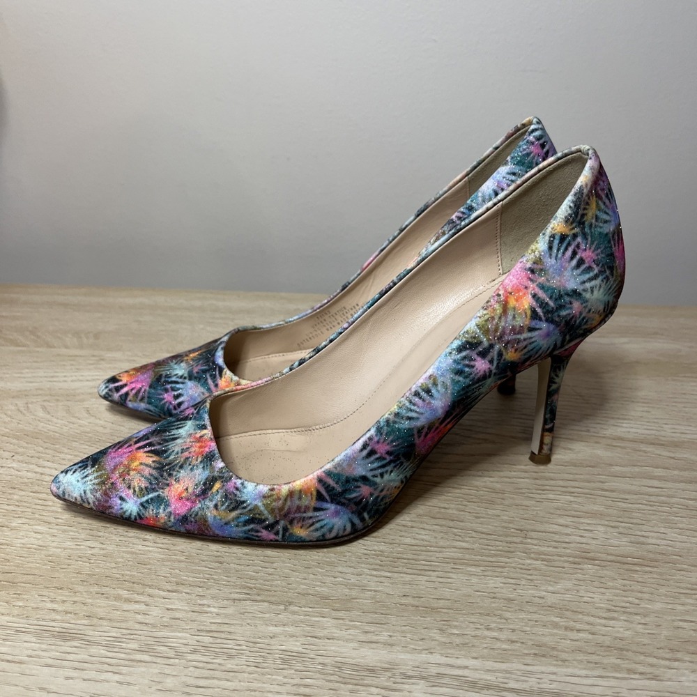 J Crew Elsie Pumps Heels In Glitter Palm‎ Colorful Statement Size 7.5 - Picture 3 of 9